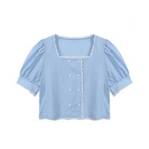 비엔엑스 스퀘어 물결넥 더블버튼 블라우스