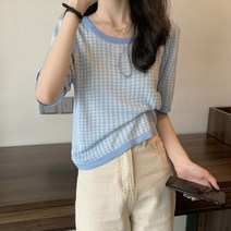 데이소이 여성용 트위 체크 반팔 니트