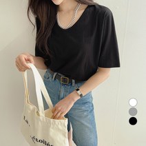 세컨그라운드 여성용 U넥 반팔 트임 롱 티셔츠