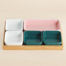 로얄베일 5구 나눔찬기 2종 x 2p + 직사각 찬기 + 트레이 세트, 화이트, 청록, 핑크(직사각찬기), 1세트