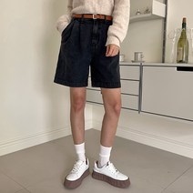 시크폭스 여성용 오블랙 핀턱 4부 데님 팬츠