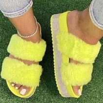 더플로우 여성용 모조 다이아 옆라인 퍼 슬리퍼