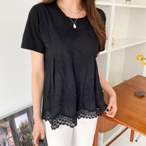 플라워 여성용 자수 레이스 반팔 티셔츠 T9208K23