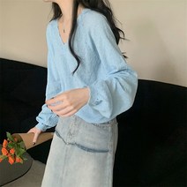 레몬소울 여성용 소일 부클 퍼프 브이넥 니트티