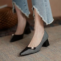 레트로 배색 프렌치 하운드체크 진주 포인트 펌프스 미들힐 5cm