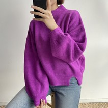 오오엘 여성용 루즈핏 무드퍼프R 소매 컷팅 반폴라 니트