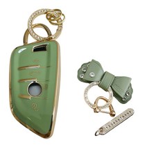 루루형제 BMW 미니 차 키케이스 + 번호 키링 + 가죽 리본 키링 세트, 올리브그린, AB-02