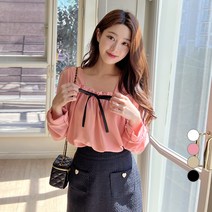 에비뉴비 여성용 스퀘어넥 리본 퍼프 블라우스