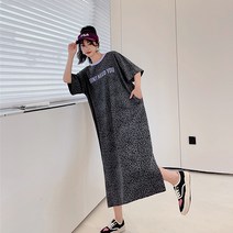 레몬소울 티버 레오파드 레터링 반팔 롱 원피스