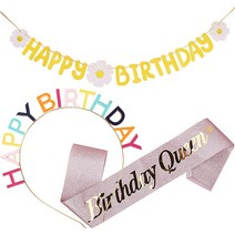 조이파티 데이지 생일 가랜드 + 메탈릭 생일 머리띠 + 글리터 생일 어깨띠 Birthday Queen 세트, 옐로우(가랜드), 레인보우(머리띠), 로즈골드(어깨띠), 1세트