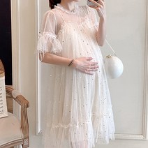 파티 셀러브리티 레이스 임산부 메쉬 반소매 원피스
