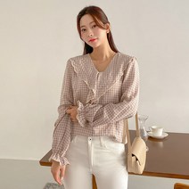 로미스토리 빅사이즈 체크 러플 블라우스