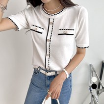 세컨그라운드 여성용 트위드 배색 반팔 니트