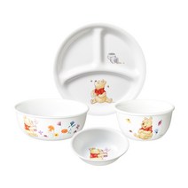 코렐 푸와 친구들 원형 1인 식기세트 4p, 화이트 스케치, 한국형 밥공기 + 한국형 국대접 +  앞접시 + 삼절접시 소