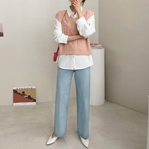 여성용 벤트 와이드 일자 청바지