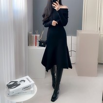 라미르 여성용 여리여리 오프숄더 케이프 롱 니트 머메이드 프릴 원피스