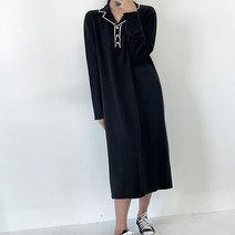 포인트 카라 배색 롱 원피스 OPS