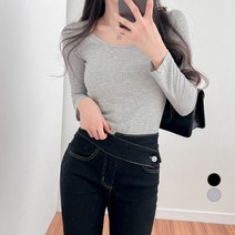 밀키버터 여성용 라운드넥 슬림 긴팔 티셔츠