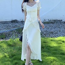 [랜덤플레이] 여신룩 언발 프릴 교차 롱 원피스