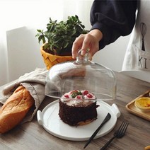 원형 화이트받침대 유리뚜껑 높이있는 돔형 케익 과일 디저트 트레이 홈파티 스탠드 판매용, 1개, 중형