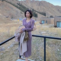 2022 봄 캐주얼 스퀘어넥 오프숄더 슬림핏 미디 니트원피스 랩형