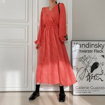 네쥬 여성 봄 가을 플라워 프릴 셔링 쉬폰 롱 원피스