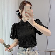 더블 버튼 셔츠 여 여름 시크 퍼프 소매 반팔 셔츠 상의