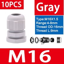 방수 케이블 글 랜드 검정색 플라스틱 씰 조인트 나일론 M8 M10 M12 M16 M20 M25 M32 IP68 흰색 고정 커넥, 12 M16-8 GY 10pcs