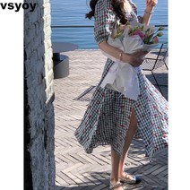 vsyoy 여름 슬림해 보임 반팔원피스 브이넥 퍼프소매 플라워 원피스 쉬폰 롱원피스 데일리 헵번 스타일 여성복