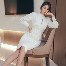 원피스 가을 캐주얼 데일리룩 여성 퍼프 슬리브 화이트 드레스 슬림 레이디 파티