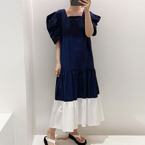 반팔 퍼프 소매 롱원피스 스퀘어플롱OPS