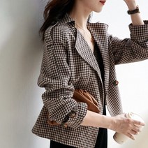 쩐쿠 가을 여성 카라넥 체크무늬 긴소매 단추 루즈핏 자켓 8361