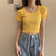 여성 반팔 라운드 크롭 니트티 Trendy ins 봄과 여름 블랙 스퀘어 라 짧은 스위