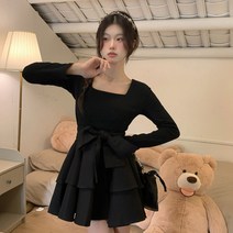 포린박스 슬리 A라인 블랙 플레어 리본 미니 원피스 SH