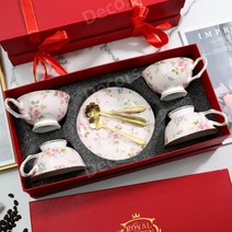 엔틱 플라워 레트로 티세트 본차이나 찻잔 커피 홍차잔 4인 6인 에프터눈티 홈 카페, 핑크4인조 선물세트