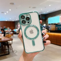 애플 아이폰14프로 호환 케이스 Magsafe 패션 도금 렌즈 보호 iPhone 14 13 12 11 Pro Max 실리콘 카메라 무선 자기 충전 커버, 아이폰 14 플러스용, 녹색