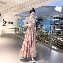 쉬폰 허리 스트링 롱원피스 잔잔한 꽃잎 소매 플라워 원피스 봄 다크브이넥 반팔