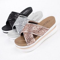 런슈즈 (국내제작) 반짝이 펄 글리터 키높이 통굽 뮬 쿠션 여성 슬리퍼 5cm
