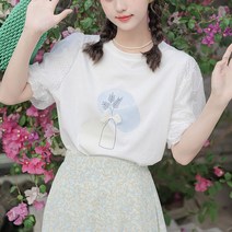 여자 20대 퍼프소매 러블리 반팔 티 블라우스 코디 루즈핏 라운드 데일리 여름