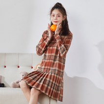 체크 무늬 중년원피스 당나라 사자 봄 여성 의류여성 일본 그리드 주름 치마 복고풍 티 브레이크 스커트