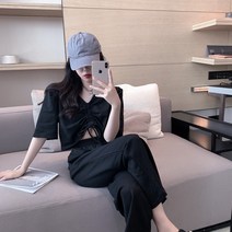 여름반팔티세트 트렌드 인싸템 브이넥 상의 캐쥬얼 와이드 팬츠 작은 키커 보이는 여성 508370719