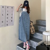 [랜덤플레이] 사선 스티치 포켓 데님 롱 멜빵치마