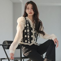 BLO034 플라워 베스트 리본 블라우스
