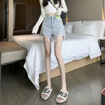반바지 데님바지 오피스룩 데이트코디 블랙색상 반바지 여성의 주름 가장자리 하이 웨이스트 2023 새로운 느슨한 여름 단어 림 핫 걊 필 바꧀ 바괳