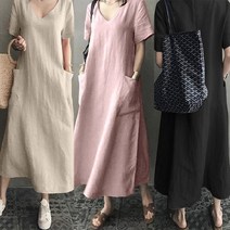 JY525 M~5XL 빅사이즈 포켓 심플 린넨 반팔 롱 원피스