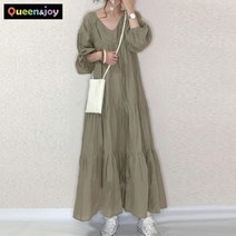 퀸앤조이 여신핏 브이넥 카키 롱원피스***판매자 SSK무역***