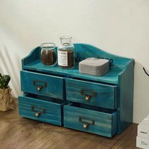 고가구 화장대위 식탁위 엔틱한 원목미니수납장 약 보관 수납, 파란색 서랍 4개