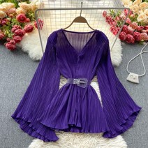 여자 플레어 소매 블라우스 프필 벨트 브이넥 간팔 티셔츠 데일리 (벨트없음)