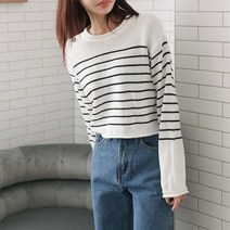 롤업 국산 여성 라운드 스트라이프 세미크롭 니트티셔츠 GND-WKN-2264