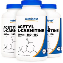 아미노산 Nutricost Acetyl L-Carnitine 500mg 아세틸 L-카르니틴 노화방지, 180정 x 3병